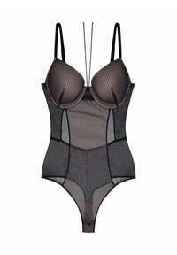 Przezroczysty czarny body z pionowymi paskami, wyściełanymi miseczkami, regulowanymi ramiączkami oraz zapięciem na guziki u dołu. Gładki, dopasowany krój.