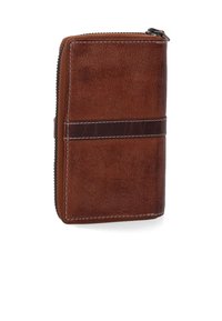 Brown leather wallet with a textured finish, featuring a dark leather band and white stitching. Zipper closure along the top edge.