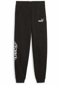 Černé tepláky s elastickým pasem, bočními kapsami a bílými logovými akcenty. Obsahují dekorativní bílou grafiku na levé nohavici.