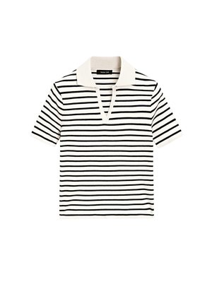 Polo à manches courtes rayé avec une texture côtelée. Couleurs : blanc et noir. Il présente un col en V et un col doux contrastant.