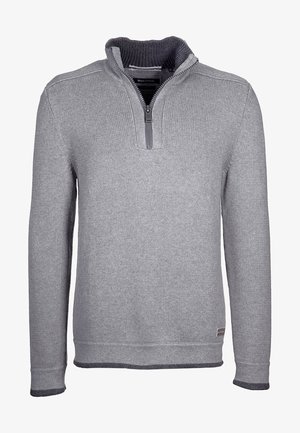 Szary sweter z golfem na zamek, z teksturowanym wzorem, kontrastującym ciemnoszarym kołnierzem, mankietami i dołem. Posiada częściowy zamek z przodu.