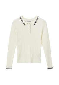 Strickpullover in Creme mit einem Zopfmuster, ausgestattet mit einem schwarz abgesetzten Kragen und langen Ärmeln. Knöpfe am Hals.