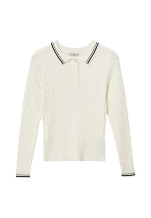 Strickpullover in Creme mit einem Zopfmuster, ausgestattet mit einem schwarz abgesetzten Kragen und langen Ärmeln. Knöpfe am Hals.