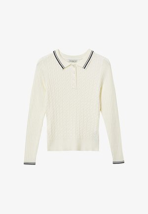 Strickpullover in Creme mit einem Zopfmuster, ausgestattet mit einem schwarz abgesetzten Kragen und langen Ärmeln. Knöpfe am Hals.