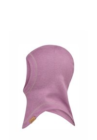 Rosa gestrickte Balaclava mit weicher Textur, nahtlosem Design und einem Tag-Akzent. Glatte Oberfläche und passgenauer Schnitt geeignet für Kopf- und Halsabdeckung.