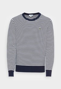 Navy and white horizontal striped long-sleeve sweater with ribbed cuffs and hem, featuring a small green crocodile logo on the chest.