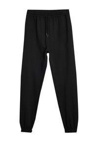 Zwarte sweatpants van zacht materiaal, met een elastische tailleband met trekkoord, taps toelopende boorden en zonder zichtbare patronen of accenten.