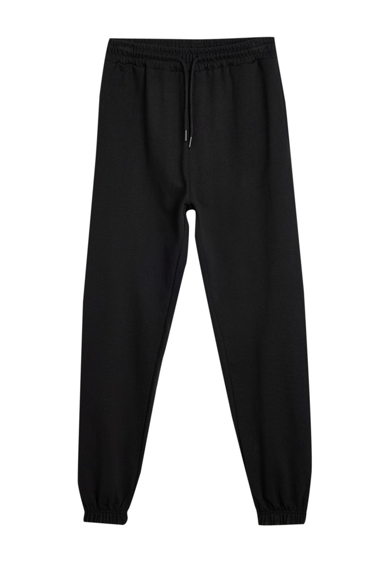 Zwarte sweatpants van zacht materiaal, met een elastische tailleband met trekkoord, taps toelopende boorden en zonder zichtbare patronen of accenten.