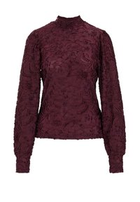 Top lung cu mânecă lungă de culoare burgundă, cu guler înalt, dintr-un material texturat ce prezintă broderii florale și motive paisley, cu un finisaj neted, croială mulată.