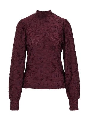 Haut à manches longues bordeaux avec col montant, tissu texturé présentant des motifs floraux et paisley brodés, finition lisse, coupe ajustée.
