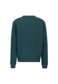 Felpa verde con maniche lunghe, polsini e scollatura a costine. Texture liscia, design casual, presenta un piccolo etichetta sul retro.
