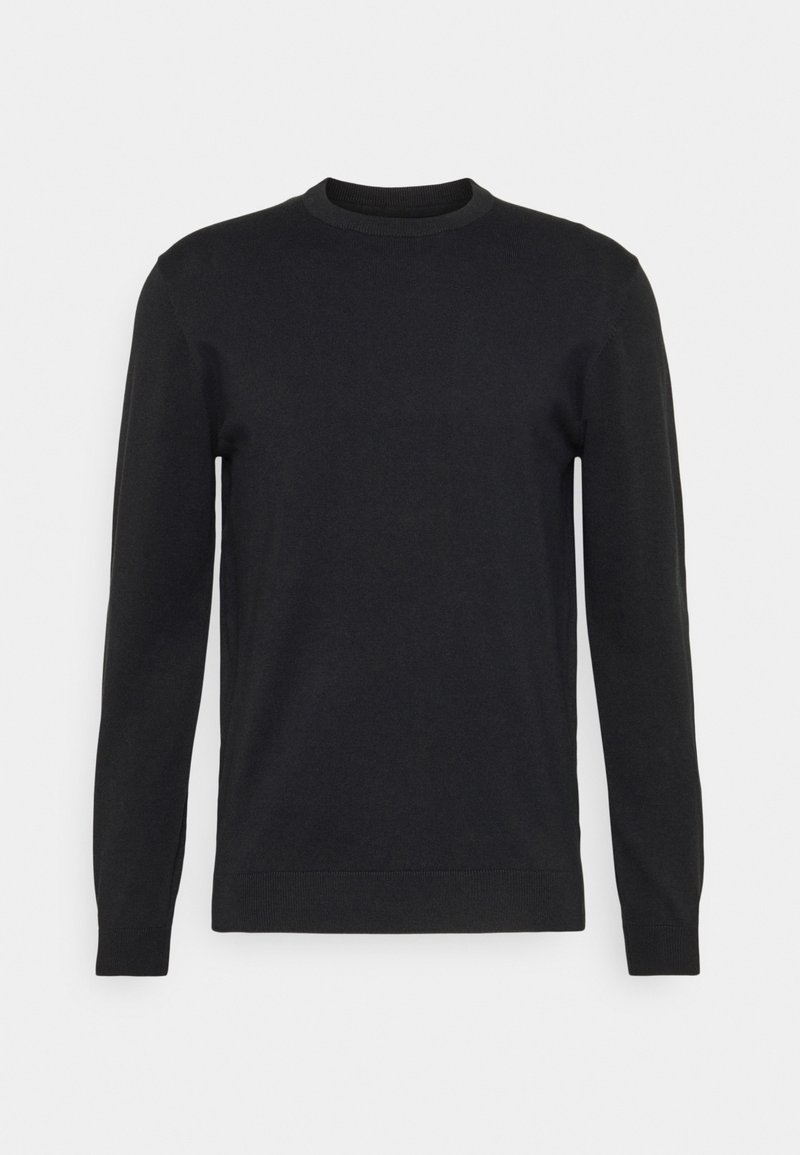 Pull noir à manches longues et col rond, avec poignets et ourlet côtelés, présenté sur un fond gris clair.