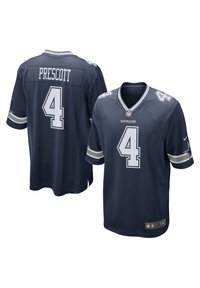 Kék NFL mez, fehér akcentusokkal, rövid ujjú és V-kivágású. A hátán és az elején a "PRESCOTT" név és a "4" szám látható.