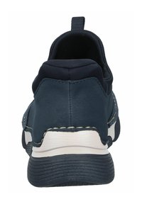 Navy blue athletic shoe with a textured fabric upper, padded collar, and white midsole. Features a pull tab on the heel for easy wear.
