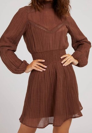 Frau trägt ein braunes, langärmliges, strukturiertes Kleid mit hohem Ausschnitt, tailliert und transparentem Stoff an Brust und Ärmeln.