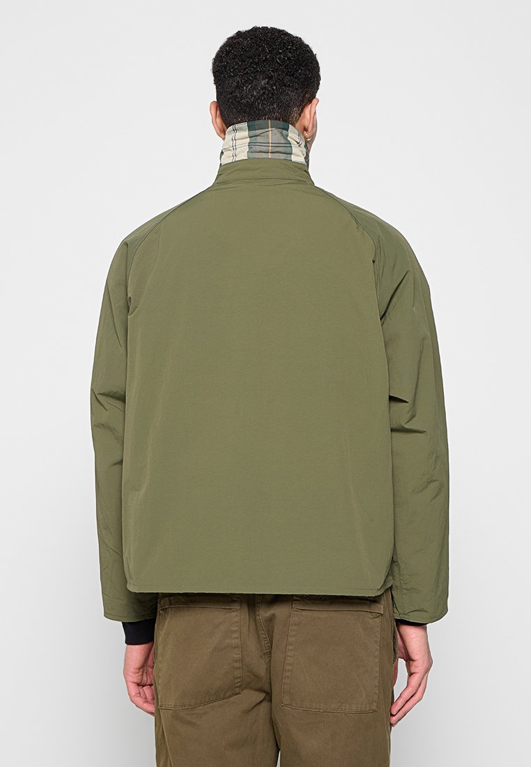 Olijfgroene bomberjack met een geruite kraag, met een relaxte pasvorm en strakke lijnen, gemaakt van gladde, lichtgewicht stof.