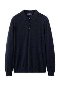 Granatowa koszulka polo z długim rękawem wykonana z miękkiego materiału, z klasycznym kołnierzykiem, plisą na trzy guziki oraz ściągaczami na mankietach i u dołu.