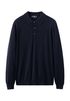 Navy blue long-sleeve polo shirt made of soft fabric with a classic collar, three-button placket, and ribbed cuffs and hem.