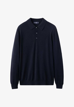 Navy blue long-sleeve polo shirt made of soft fabric with a classic collar, three-button placket, and ribbed cuffs and hem.