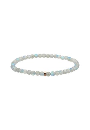 Labradorit-Armband mit durchsichtigen grauen Perlen und blauen Akzenten, getrennt durch einen kleinen Roségold-Abstandshalter. Runde Form.