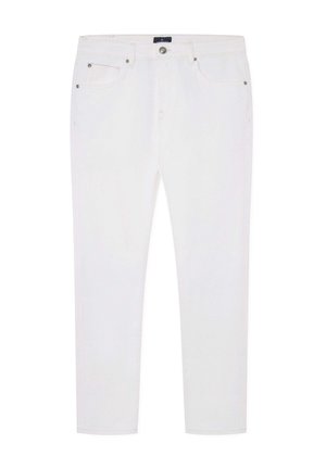 Weiße Denim-Jeans in Slim Fit, mit fünf Taschen, einem Frontknopfverschluss und einer glatten Textur. Keine sichtbaren Muster oder Verzierungen.