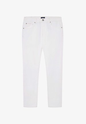 Vita denimjeans med slim fit, med fem fickor, knäppning framtill och en slät yta. Ingen synlig mönster eller utsmyckningar.
