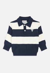 Πουλόβερ πόλο με ρίγες σε ναυτικό μπλε και λευκό, με γιακά, κοντά μανίκια, ριμπ μανσέτες και μέση, διακοσμημένο με τριγωνικό λογότυπο.