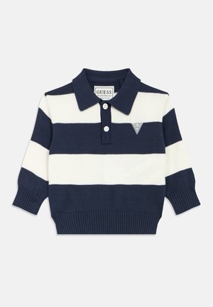 Marineblauw-wit gestreepte polotrui met een kraag, korte mouwen, geribbelde manchetten en tailleband, voorzien van een driehoekig logoplaatje.