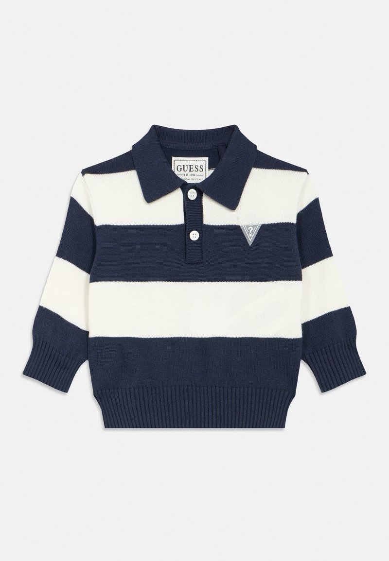 Πουλ όβερ πόλο με ρίγες σε ναυτικό μπλε και λευκό, με γιακά, κοντά μανίκια, ριμπ μανσέτες και μέση, διακοσμημένο με τριγωνικό λογότυπο.