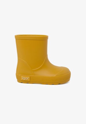 Geel rubberen regenlaars met een ronde neus, een gestructureerde zool en een eenvoudig ontwerp. Het heeft een lage enkelhoogte en het "igor" logo aan de zijkant.