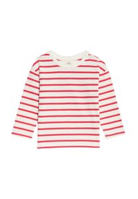 Rot gestreiftes Langarmhemd mit einem Rundhalsausschnitt und zwei Schulterdruckknöpfen, aus weichem Baumwollstoff gefertigt.