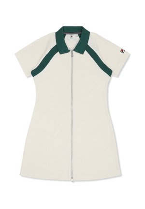 Hvid kjole med korte ærmer, grøn krave og skulderdetaljer, lynlås foran og lille logo på venstre ærme.