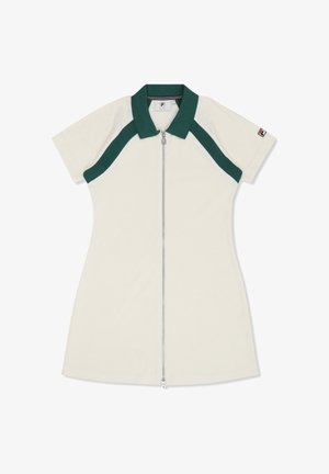 Hvid kjole med korte ærmer, grøn krave og skulderdetaljer, lynlås foran og lille logo på venstre ærme.