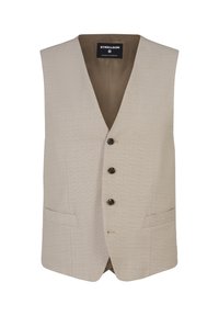 Beige Weste aus strukturiertem Stoff, mit fünf Knöpfen und zwei Vorderaschen; gestaltet mit einem V-Ausschnitt und einem glatten Innenfutter.