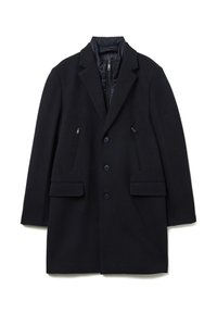 Cappotto in misto lana blu navy con colletto a revers, due tasche frontali con zip e fodera interna trapuntata con tre bottoni.