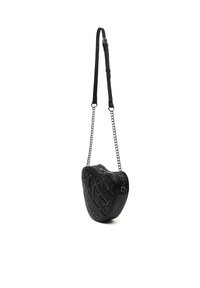 Borsa a forma di cuore in pelle nera con motivo trapuntato, borchie argentate, catena e tracolla regolabile. Chiusura con zip nella parte superiore.