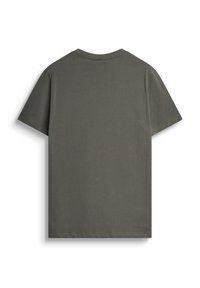 Korte mouwen T-shirt van olijfgroene katoen. Ronde hals met een gladde textuur, met een rechte zoom en geen zichtbaar logo.