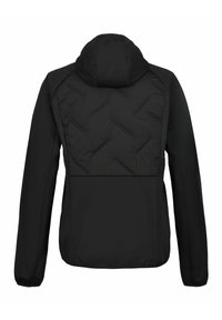 Chaqueta negra con capucha, que presenta un respaldo acolchado con patrones en forma de diamante, puños elásticos y una textura de material suave.
