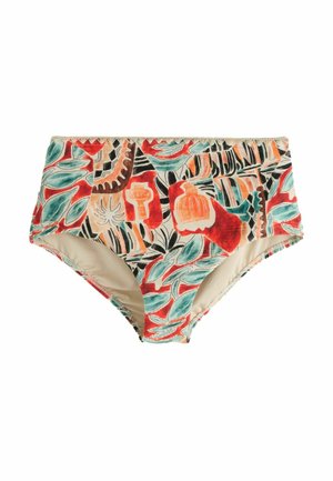Bikinihöschen mit hohem Bund und lebhaftem tropischem Muster in Rot, Türkis, Schwarz und Beige mit abstrakten Blumen- und Blattmotiven.