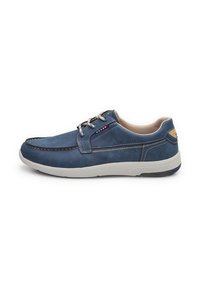 Pantofii din piele albastră au talpa din cauciuc alb, un design cu șireturi, cusături contrastante și accentuează subtil detalii decorative pe lateral.