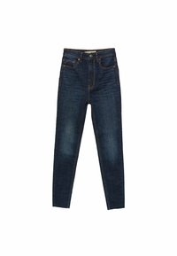 Jeans oscuros de mezclilla delgados con cintura alta, cinco bolsillos y detalles de costura en color naranja. Textura suave con un ligero desvanecimiento en las piernas.