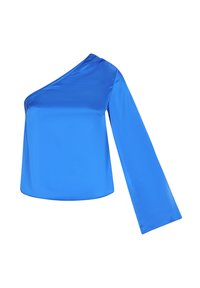 Top in satin blu con una spalla sola e una manica lunga da un lato, texture liscia e vestibilità rilassata, ideale per diverse occasioni.