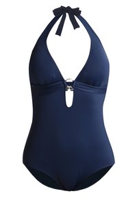 Marineblauer Einteiler-Badeanzug mit Halterneck, tiefem V-Ausschnitt, Schlüsselsteinausschnitt und silbernem Ringdetail an der Brust. Glatte Stoffoberfläche.