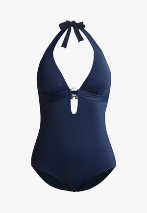 Vandenyno mėlynos spalvos vientisas maudymosi kostiumėlis su kaklo juosta, giliu V formos iškirpimu, raktų skylute ir sidabro žiedu krūtinės srityje. Lygaus audinio paviršius.