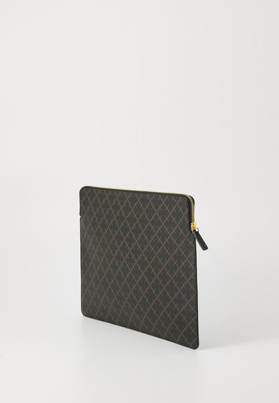Zippered pouch, dark brown synthetic material with a diamond pattern, gold hardware, flat rectangular shape, smooth texture.