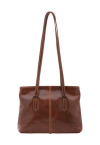 Borsa tote in pelle marrone con due lunghi manici, texture liscia e cuciture a contrasto. Presenta un design semplice e privo di decorazioni.