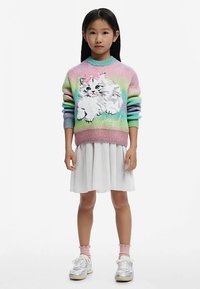 Trui met een meerkleurige overgang van roze en groen, met een afbeelding van een pluizige witte kat en een roze strik. Gecombineerd met een witte rok en sneakers.