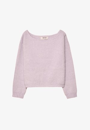 Svetlo vijoličast pulover z reberčki, širokim čolnastim izrezom, dolgimi rokavi in kračo silhueto. Mehka, teksturirana pletenina s elastičnimi manšetami.