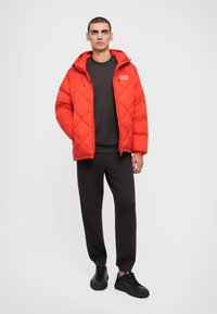 Red quilted puffer jacket featuring a hood, diamond pattern, and a logo. Paired with a dark sweatshirt and black pants and shoes.