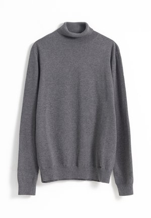 Jersey de cuello alto gris, hecho de una suave tela de punto. Presenta mangas largas, puños y dobladillo acanalados, y un cuello alto para un ajuste ceñido.